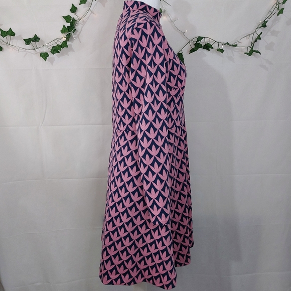 BODEN High Neck Fit&Flare Dress Pink Navy Floral Geo Size 14R Winter Autumn Chic - Picture 4 of 11